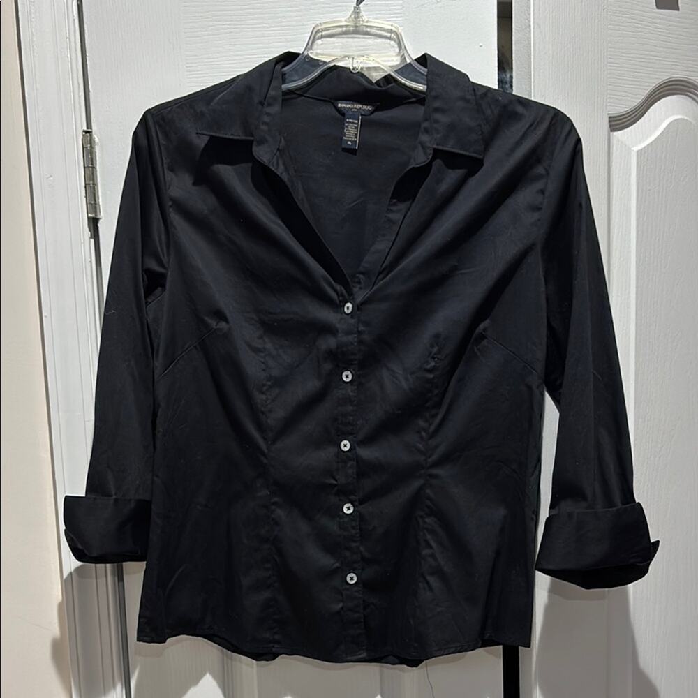 Banana Republic xl Black Button-Up Shirt shaped fit cotton spandex euc